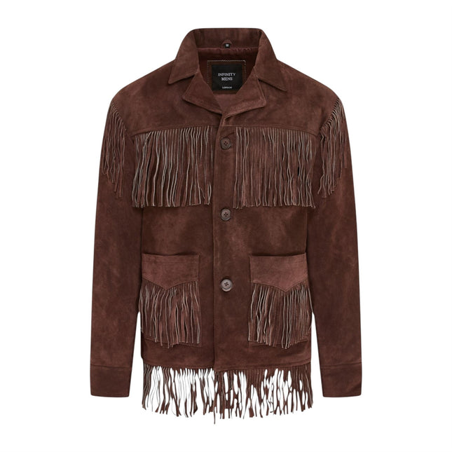Men's Retro Brown Cowboy Suede Leather Fringe Jacket - Western
