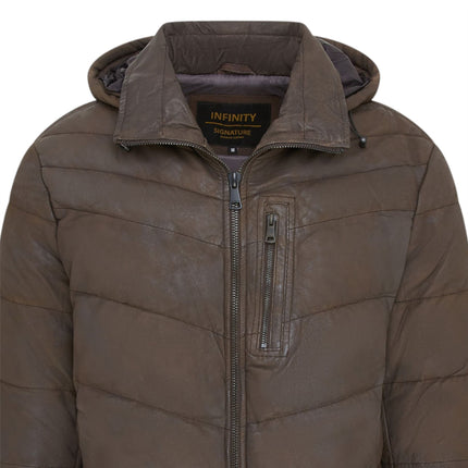 Men's Brown Leather Quilted Jacket Hooded Puffer Winter Coat - Olyic