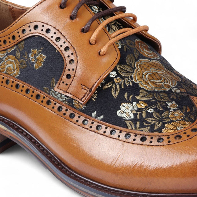 Justin Reess Men's Brown Leather Floral Print Brogue Dress Shoes - Ross