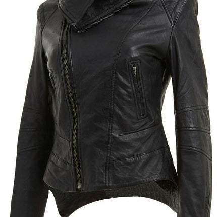 Womens Detachable Collar Leather Biker Jacket-Rosario