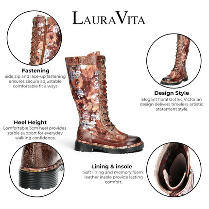 Laura Vita Women's Maroon Gothic Victorian Floral Maroon Leather Knee-High Lace-Up Boots - Incaso-50