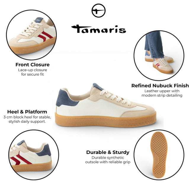 Tamaris Men's Off White Leather Red Stripe Trainer Sneaker Shoes