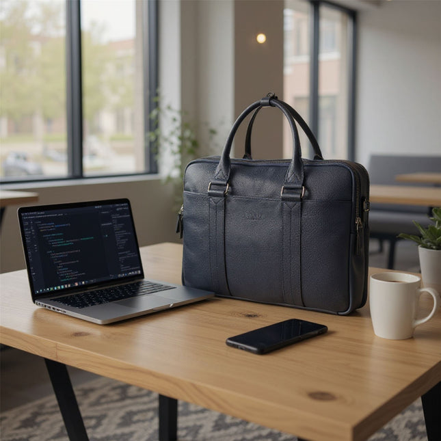 Genuine Leather Navy Laptop Business Briefcase Office Work Travel Bag - Sutton