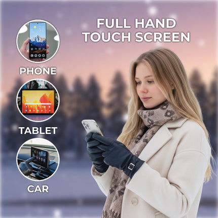 Womens Black Italian Leather Winter Buckle Soft Wool Lining Gloves - L-GLV-601