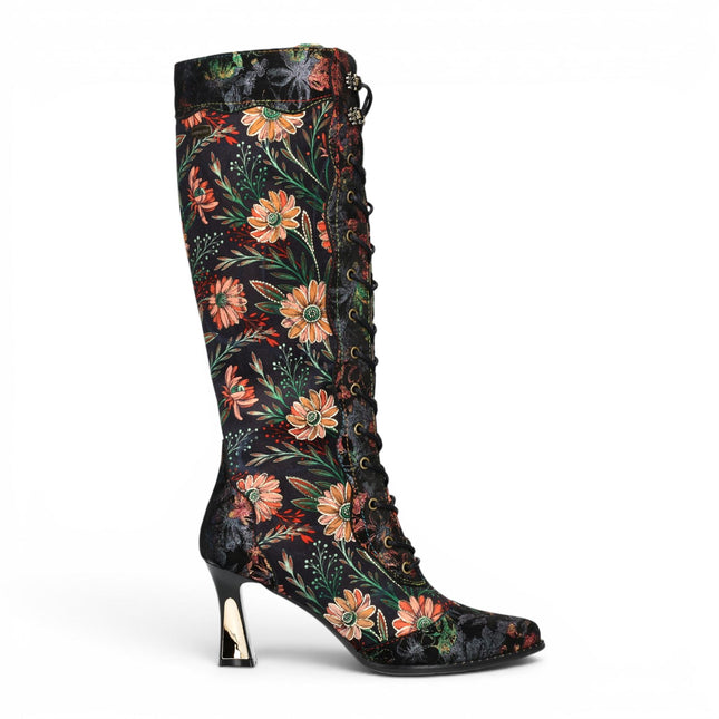 Laura Vita Women's Black Victorian Floral Leather Knee-High Heeled Boots - Oanelo-02