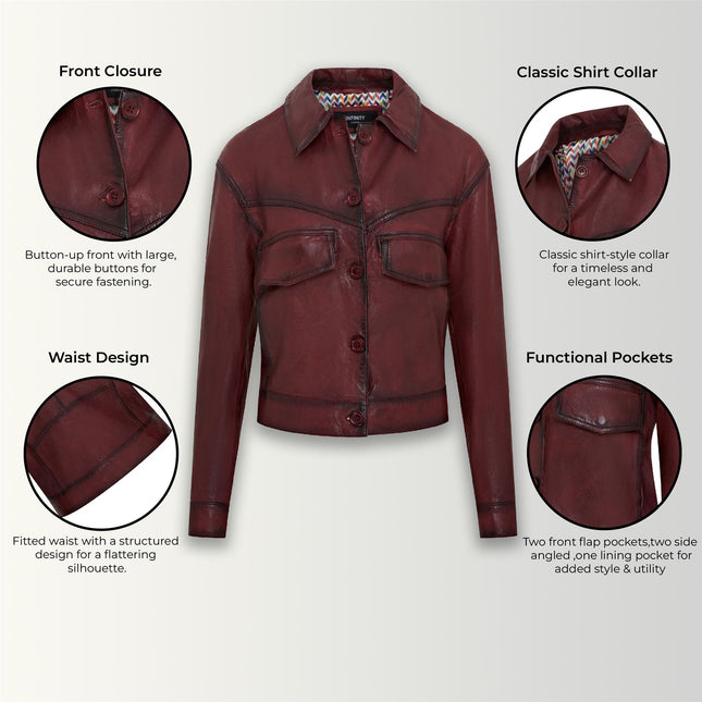 Womens Vintage Classic Lamb Leather Collared Biker Jacket