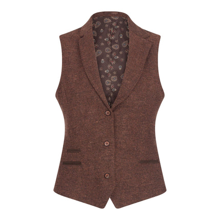 Women's Rust Brown Herringbone Wool Tweed Check Waistcoat