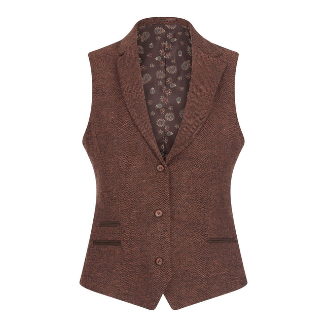 Women's Rust Brown Herringbone Wool Tweed Check Waistcoat