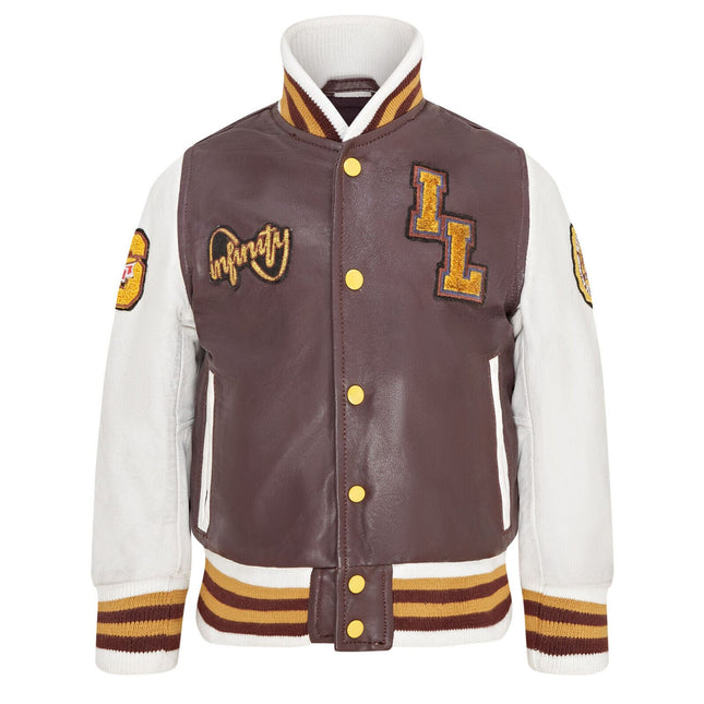 Kids Burgundy Letterman Leather Varsity College Bomber Jacket