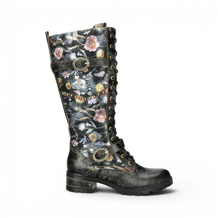 Laura Vita Women's Victorian Floral Black Leather High Lace-Up Long Boots - Cocrailo-82