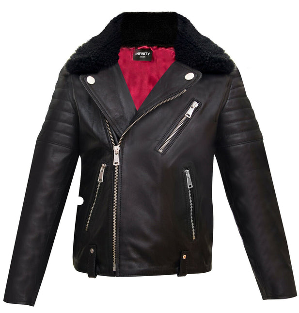 Kids Boys 100% Leather Detachable Collar Biker Jacket