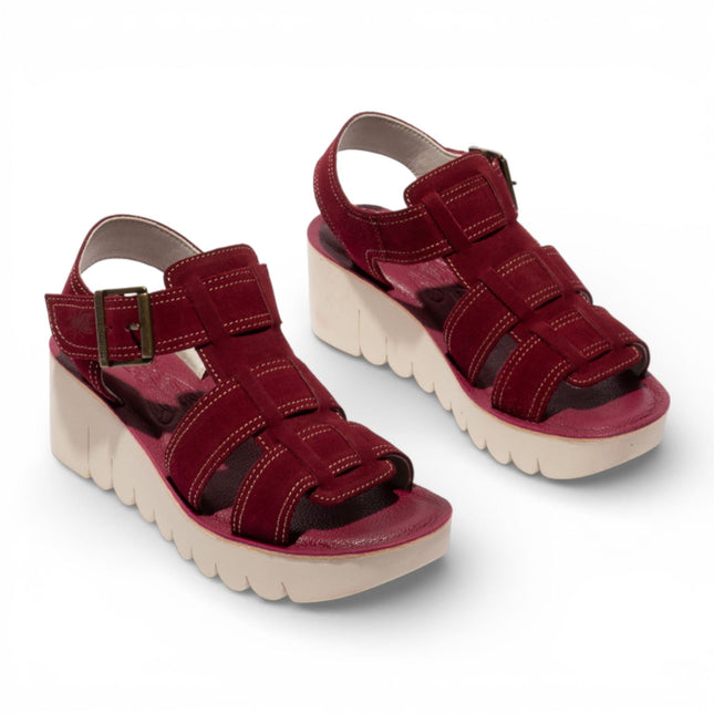 Fly London Women's YUDD236FLY Berry Red Leather Wedge Sandals
