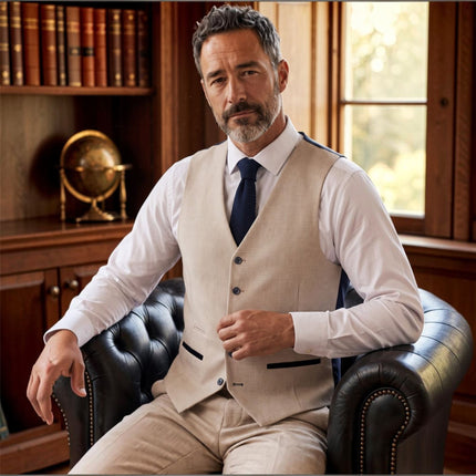 Men's Cream Checked Tailored Fit Waistcoat - Regent