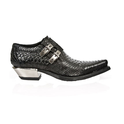New Rock Embossed Python Black Leather Buckled Shoes-7934-S2