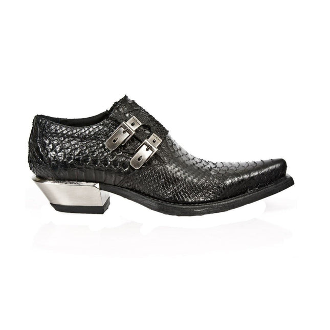 New Rock Embossed Python Black Leather Buckled Shoes-7934-S2