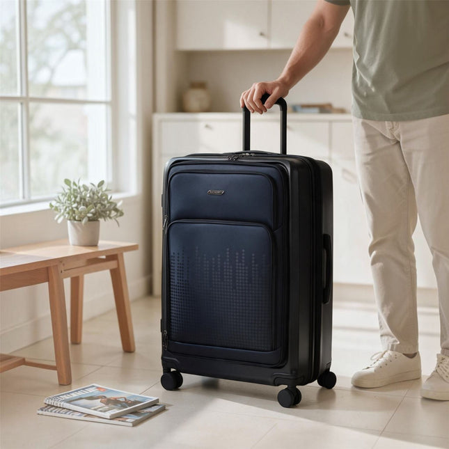 Hybrid ABS+PU Hard Shell Black Suitcase Set 8 Wheel Front Pocket Luggage