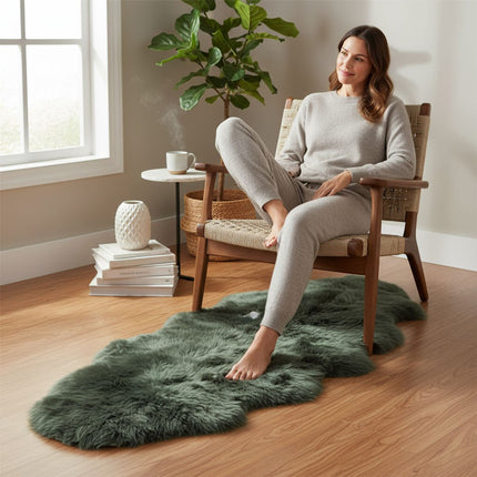 Genuine Sheepskin Thyme Green Double Natural Fluffy Silky Soft Real Wool Rug
