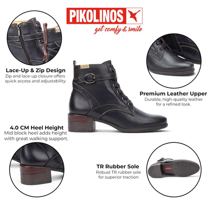 Pikolinos Women's Black Leather Lace-Up Mid-Heel Ankle Boots - Malaga