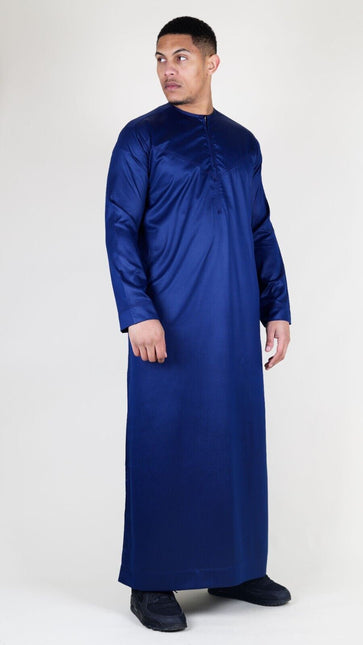Men's Navy Blue Thobe Robe Satin Emirati Islamic Jubba Eid Slim Fit