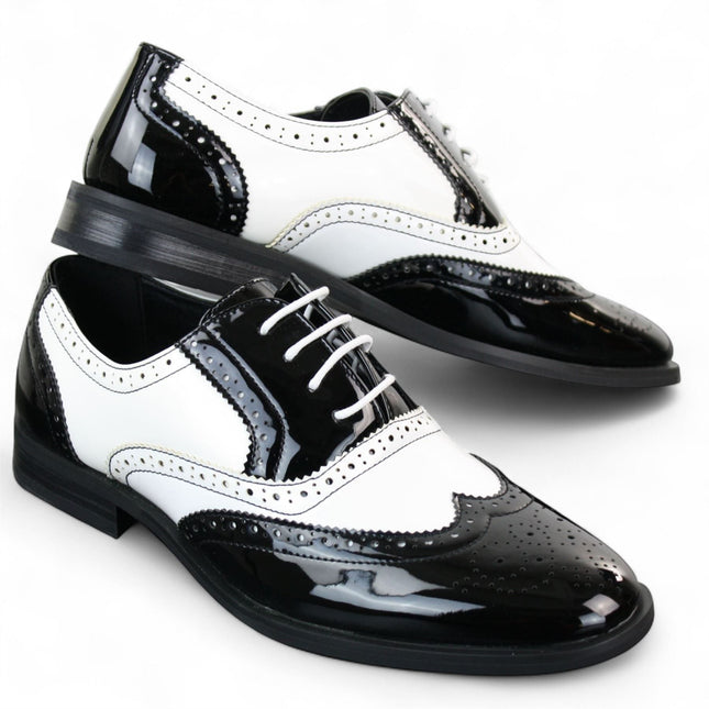 Men's Patent Lace-Up Black White Brogues Smart Dress Shoes