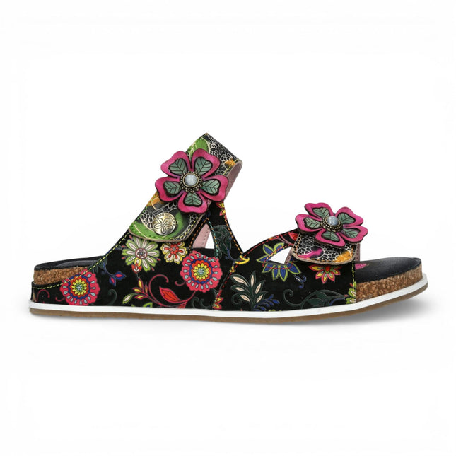 Laura Vita Women's Brcyano 32 Black Floral Leather Strappy Slipper Sandals
