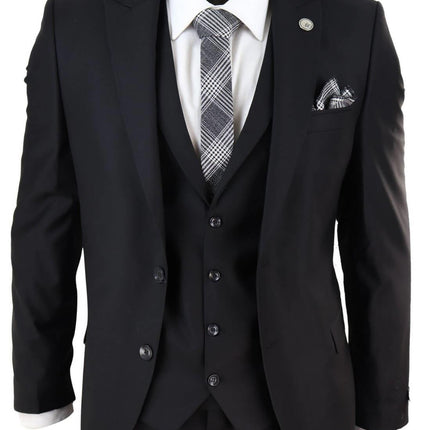 New Mens 3 Piece Suit Plain Black Classic Tailored Fit Smart Casual 1920s Formal