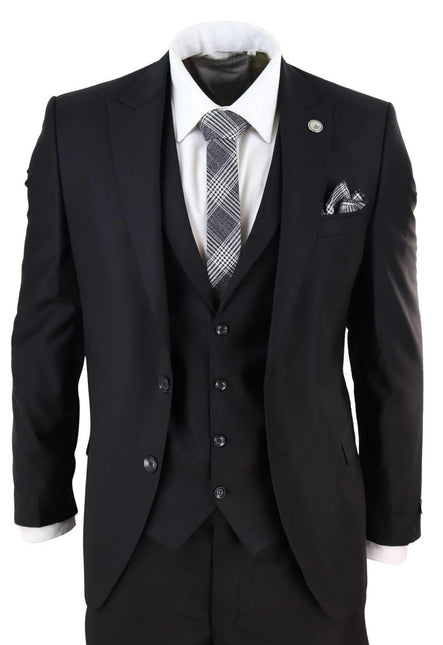 New Mens 3 Piece Suit Plain Black Classic Tailored Fit Smart Casual 1920s Formal
