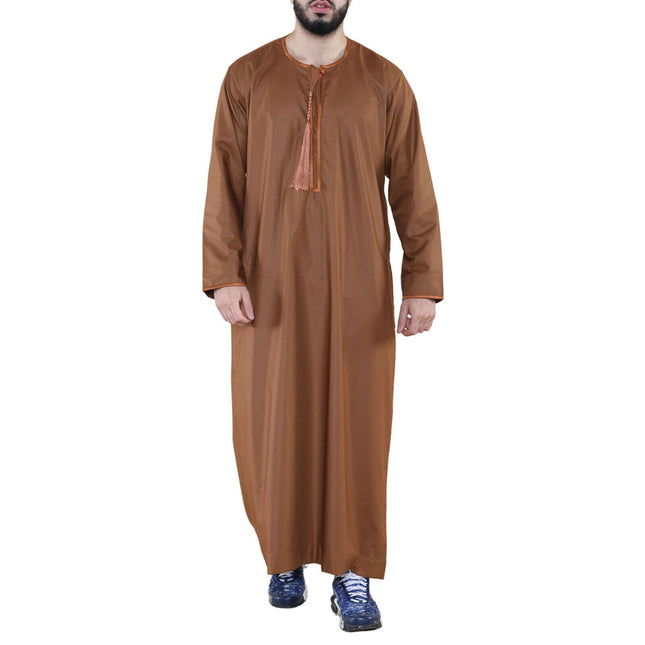 Mens Brown Jubba Saudi Islamic Arab Eid Emirati Kaftan Jubbah Tassel Robe