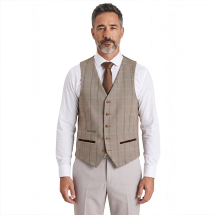Mens Stone Suit with Harris Brown Tweed Waistcoat Wedding Suit - Mayfair