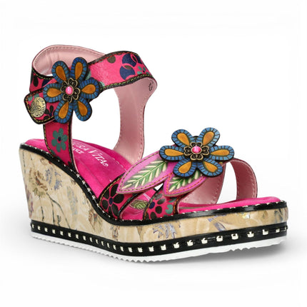 Laura Vita Women's Ballon 08 Fuschia Pink Floral Leather Wedge Espadrille Sandals