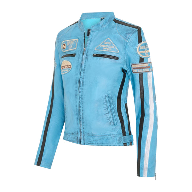 Womens Biker Racing Badges Blue Leather Jacket-Eastleigh