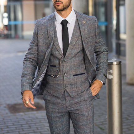Men's Light Blue Grey Check Tweed 3-Piece Suit Vintage Pattern Tailored Fit Woollen Suit