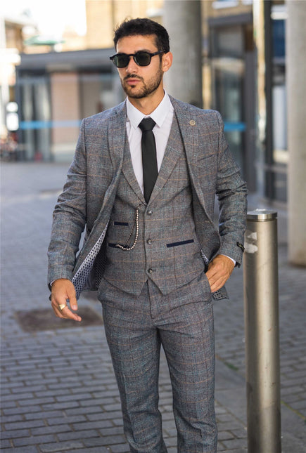 Men's Light Blue Grey Check Tweed 3-Piece Suit Vintage Pattern Tailored Fit Woollen Suit