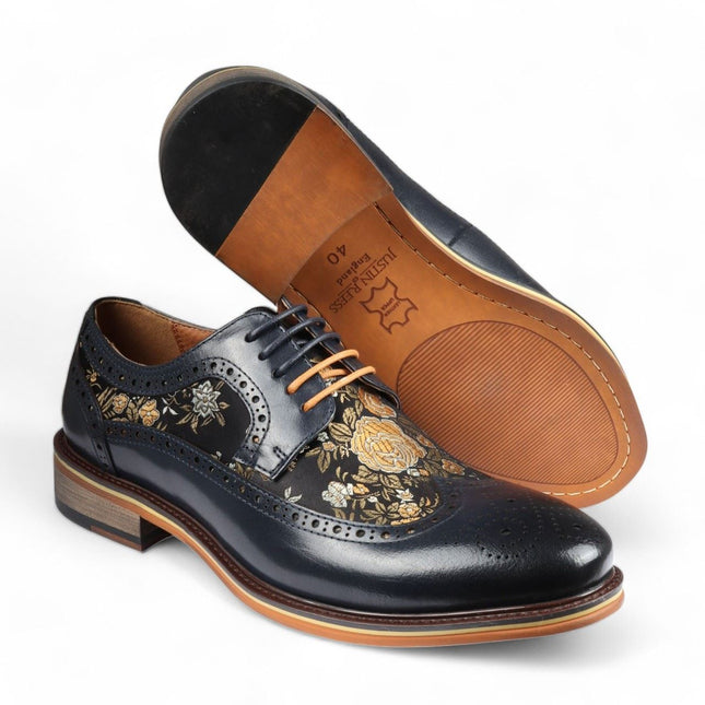 Justin Reess Men's Navy Blue Leather Floral Print Brogue Dress Shoes - Ross
