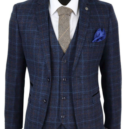 Mens 3 Piece Navy Blue Tweed Check Vintage Suit