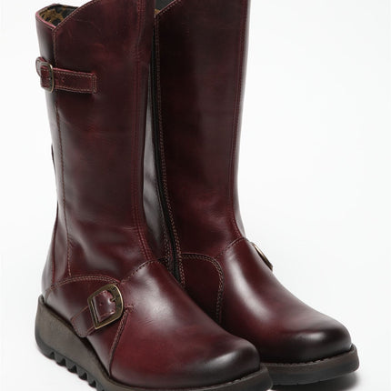 Fly London Womens Wine Mes 2 Wedge Heel Buckle Mid-Calf Leather Zip Platform Boots