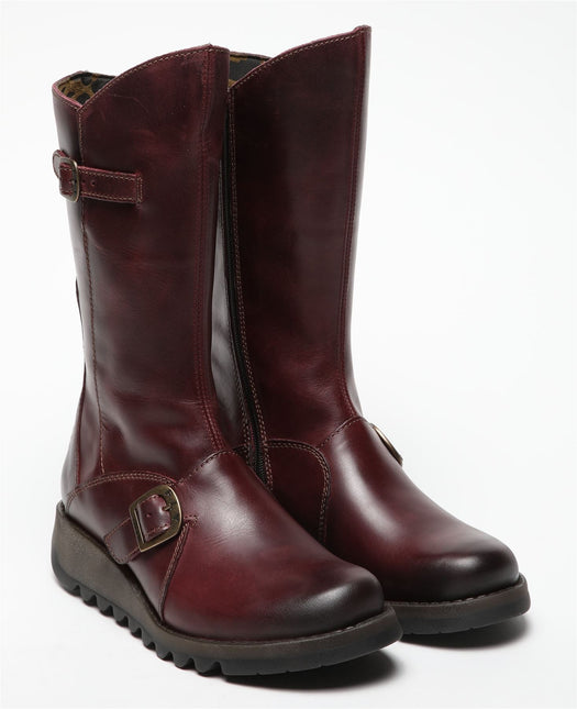 Fly London Womens Wine Mes 2 Wedge Heel Buckle Mid-Calf Leather Zip Platform Boots