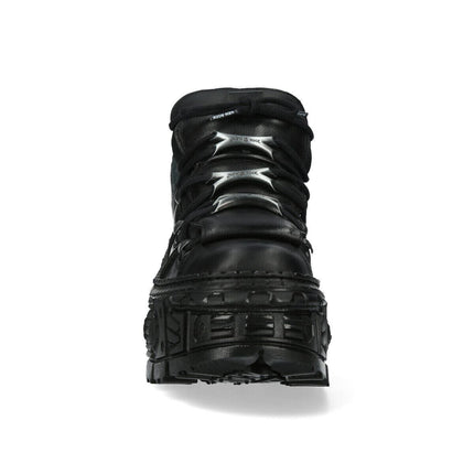 New Rock Metallic Ankle Black Leather Boots-WALL106-S12