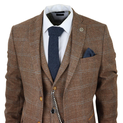 Mens 3 Piece Wool Suit Oak Brown Tweed Herringbone Check Peaky Blinders Gatsby