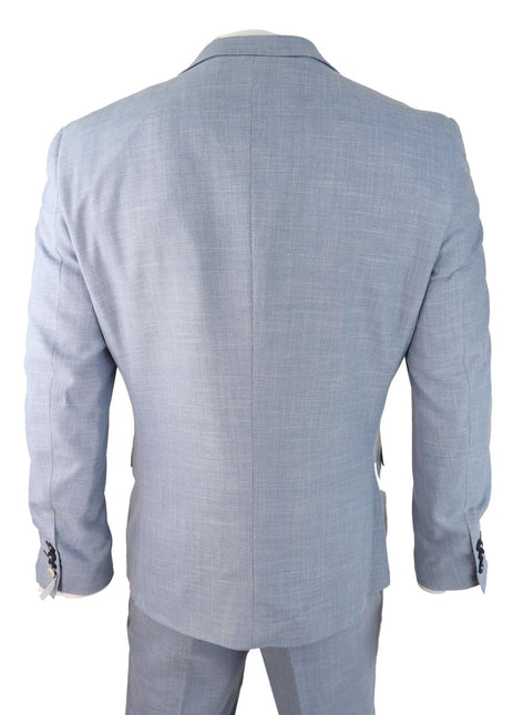 Mens 3 Piece Linen Suit Light Blue Summer Tailored Fit Wedding Prom Classic Suit