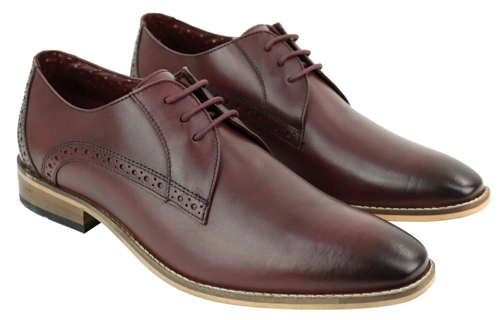 Mens Classic Oxford Brogue Derby Shoes In Cherry Leather