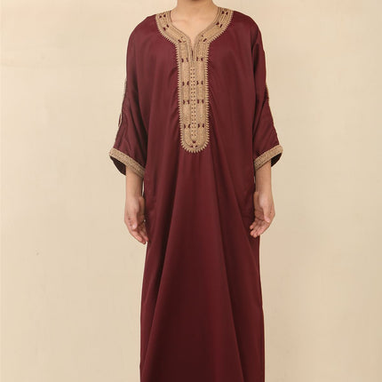 Kid's Boys Burgundy Moroccan Thobe Jubba Robe Eid Djellaba Gandoura