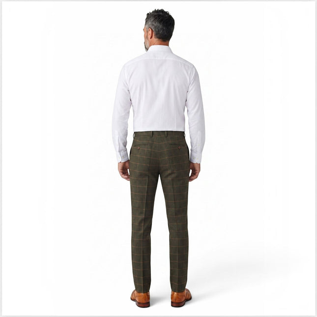 Men's Green Tweed Herringbone Check Trousers - Harris