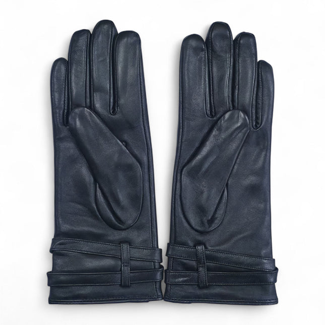 Womens Black Italian Leather Winter Buckle Soft Wool Lining Gloves - L-GLV-601