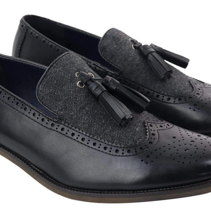 Mens Tasselled Black Leather Tweed Brogue Slip On Loafers