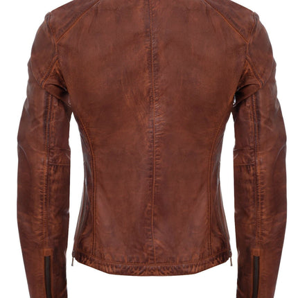 Womens Tan Leather Biker Jacket-Prague