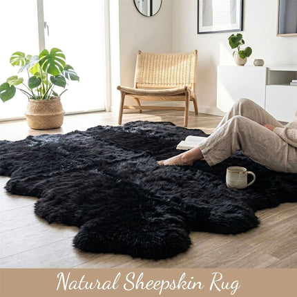 Genuine Sheepskin Black Quad Natural Fluffy Silky Soft Real Wool Rug
