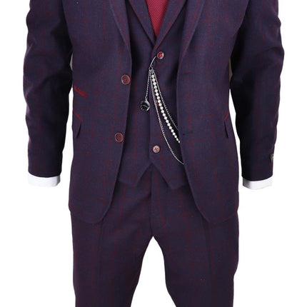 Mens 3 Piece Tweed Suit Plum Purple Check Peaky Blinders Classic 1920 Gatsby