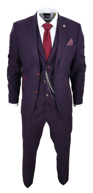 Mens 3 Piece Tweed Suit Plum Purple Check Peaky Blinders Classic 1920 Gatsby
