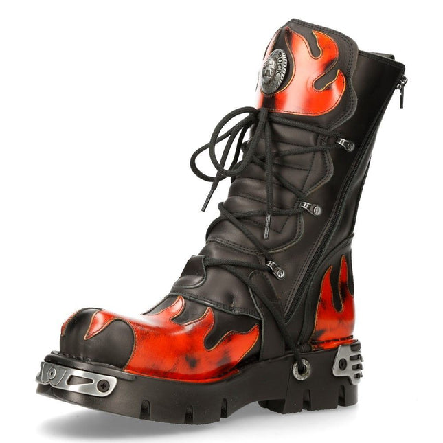 New Rock Flame Accented Black/Red Leather Boots - 591-S1